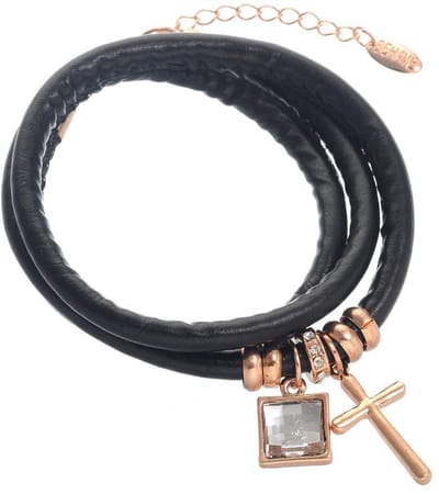 Behave - armband met zwart pu leer en kruisje - trendy casual