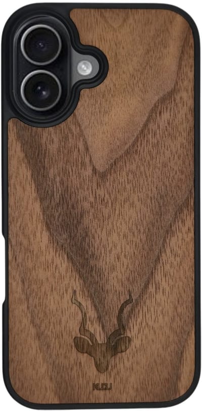 Kudu iPhone 17 hoesje case - Houten backcover - Handgemaakt en afgewerkt met duurzaam TPU - Walnoot - Zwart