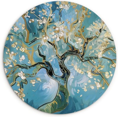 WallCircle® Wandcirkel 120x120 cm - Muurcirkel Amandelbloesem boom - Blauw - Abstract - Verf - Kunst - Natuur - Muurdecoratie woonkamer - Wanddecoratie slaapkamer - Kamer decoratie accessoires - Ronde schilderijen - Woonaccessoires