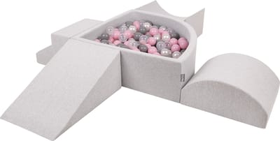 KiddyMoon Schuimspeelplaats met kwartcirkelvormig Ballenbad - ∅7cm 200 Ballen - Speeltoestel met Helling Wig Halve rol Trede - Ballenbak ballen voor baby - Schuimspeelset voor kinderen - Hindernisbanen - Lichtgrijs: Parel Grijs Transparant Poederroze