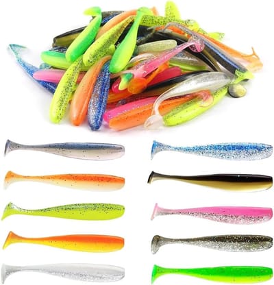 Set van 50 Rubber Vissen voor Vissen, Perfect als Aas voor Snoek, Baars en Forel, 7.5 cm met Reflecterende Pailletten in 10 Aantrekkelijke Kleuren