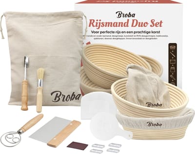Rijsmand met Deegschraper en Broodzak voor Broodbakken - Rond en Ovaal Rijsmandje geschikt voor Zuurdesem - Broodmand Brood Bakken - Set met Deegsnijder Deegmesje Deegsteker Deegkleed Deense Deegklopper - voor Zelfgebakken Brood