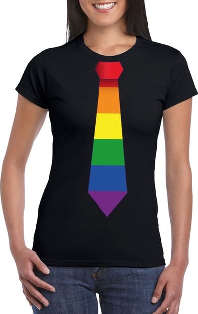 Zwart t-shirt met regenboog stropdas dames - LGBT/ Gay pride shirts S