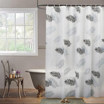 Extra Breed Waterdicht Douchegordijn 300x200 cm met Zwarte Bladeren Inclusief Haken