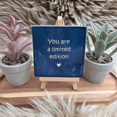 Robuust Wenstegeltje – You Are a Limited Edition – Hip trendy tegeltje – Uniek Cadeau voor Vriendin, Juf, Tante, Zus of Collega – Stijlvolle Woondecoratie met Boodschap – Trendy nu – Decoratief Tegeltje met Standaard – Cadeau Idee