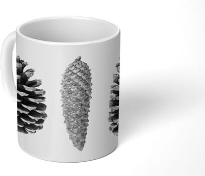 Mok - Koffiemok - Dennenappels - Natuur - Zwart wit - Wit - Herfst - Mokken - 350 ML - Beker - Koffiemokken - Theemok