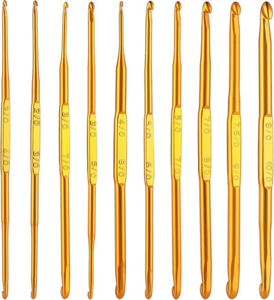 Famanu – Haaknaalden - 10 stuks dubbele haaknaalden - gouden breinaaldenset - breien en haken - doe-het-zelf handwerk - handgemaakt