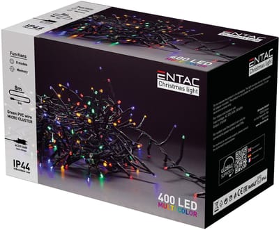 Entac Kerst Micro Cluster Lichtsnoer 8m - Kerstverlichting Buiten en Binnen - 400 LED Lampjes - Gekleurd Licht RGB