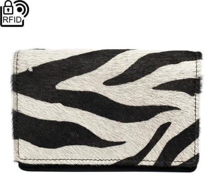 Lederen Dames Portemonnee Zwart - RFID - Dierenprint – Dames Portemonnee - Compact - Zwart Leer Met Vacht