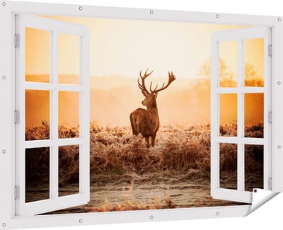 Gards Tuinposter Doorkijk Hert in de Wei tijdens de Zonsopkomst - 180x120 cm - Tuindoek - Tuindecoratie - Wanddecoratie buiten - Tuinschilderij