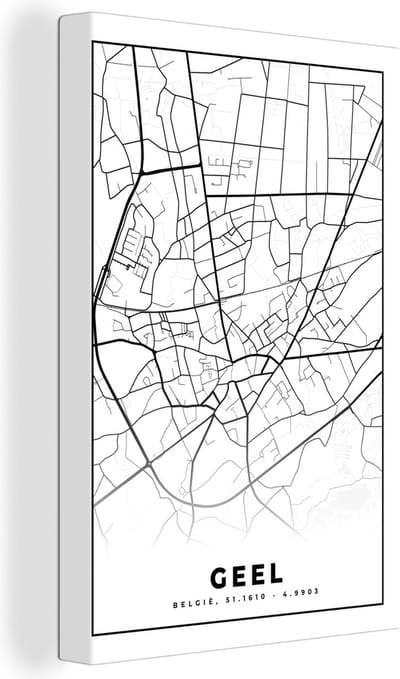 Canvas Schilderij België – Geel – Stadskaart – Kaart – Zwart Wit – Plattegrond - 20x30 cm - Wanddecoratie