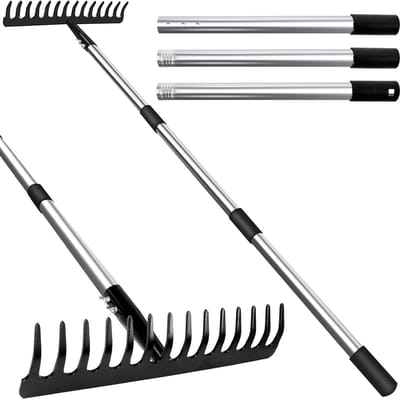 Garden Rake with Handle - 14 Teeth Metal Rake with Stainless Steel Handle for Loosening Ground and Leveling Lawn - Robust and Durable - Includes Leaf Crushers