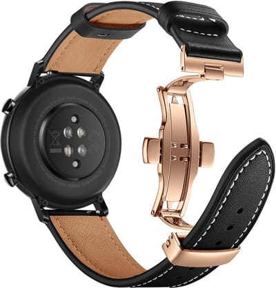 Stravo 20mm Luxe Leren Horlogeband – Geschikt voor Samsung Galaxy Watch 7 / 6 / 5 / 4 (Classic) – Echt Leer Leather Bandje met Roségouden Vlindersluiting – Voor Garmin Vivoactive 5 / 3, Forerunner 245, Venu SQ 2, Vivomove & Huawei - Zwart