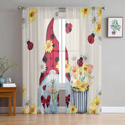 Lente Madeliefjes Lieveheersbeestje Transparante Raamgordijnen Voor Woonkamer Keuken Kinder Slaapkamer Voile Hanggordijn 135W x 114H(cm) white