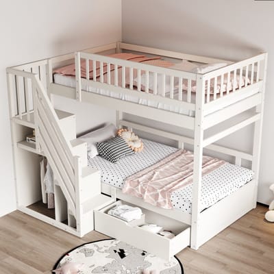 MEUNIQ stapelbed 90x200 cm met opbergtrap, 2 bedlades, hoge veiligheidshekken en lattenbodems, houten kinderbed voor kinderkamer, wit
