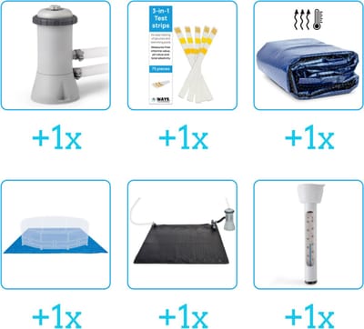 Accessoires voor Intex Easy Set Zwembad - 396x84 cm - Rond - Opblaasbaar - Intex - 28143NP - Zwembadfilterpomp - Testrips - Solarzeil - Grondzeil - Solar Mat - Thermometer