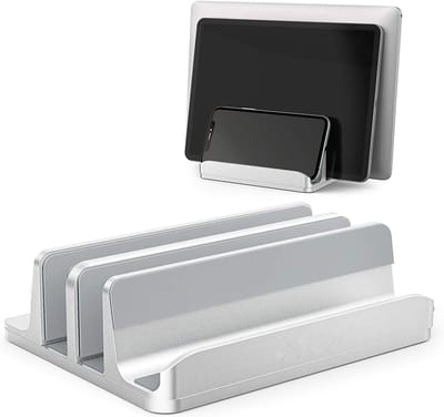 Famanu - Verticale laptopstandaard, 3 sleuven voor laptop tot 17,3 inch, zware aluminium desktophouder, zilver