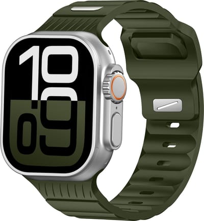 Stravo Siliconen Horlogeband met Armor-Style Look Geschikt voor Apple Watch 46mm (Series 10/11) / 45mm (Series 7/8/9) / 44mm (Series 4/5/6, SE 1/2/3) / 49mm (Ultra 1/2/3) – Extra Stevig Bandje van Liquid Silicone - Groen