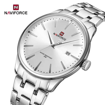 NAVIFORCE horloge voor mannen, met zilveren metalen polsband, zilveren uurwerkkast en zilveren wijzerplaat ( model 9230 SWS ), verpakt in mooie geschenkdoos