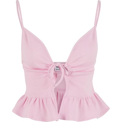 Urban Classics - Waffle Pique Ruffle Mouwloze top - XS - Roze