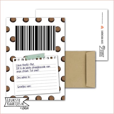 Kaart Sinterklaas - Streepjescode - No: 02 (Lieve Hoofd-Piet - Sinterklaasjournaal - Naam en Straatnaam-Bruine pepernoten) - LeuksteKaartjes.nl by xMar