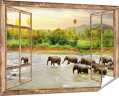 Gards Tuinposter Doorkijk Kudde Olifanten in het Water - 150x100 cm - Tuindoek - Tuindecoratie - Wanddecoratie buiten - Tuinschilderij