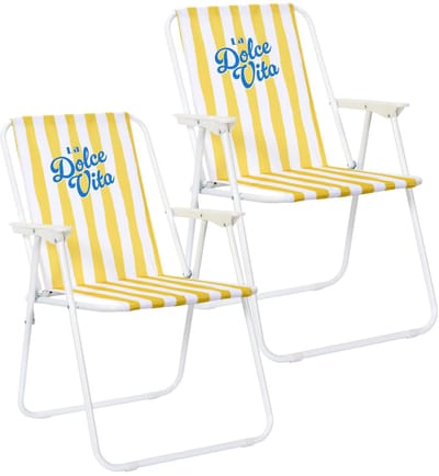 Home deco factory Klapstoel Dolce Vita - 2x - geel/wit - 44 x 75 x 52 cm - campingstoel/tuinstoel