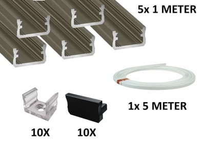 5 Meter Aluminium LED Strip Profiel Zwart - 16x9,3mm - Incl. 5 Meter Afdekkap Frosted - Incl. Eindkapjes en Montagebeugels