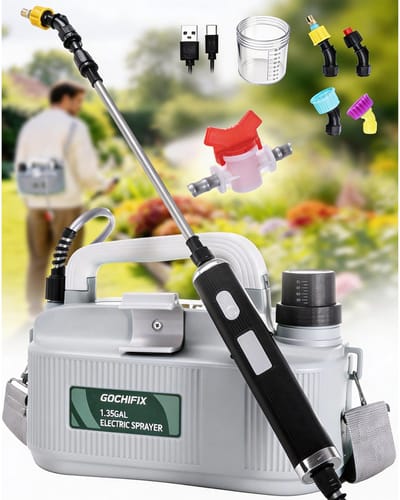 Elektrische Drukspuit 5L (1,35 Gallon) Grijs – USB Oplaadbare Accu Plantenspuit met Batterij-indicator, 4 Sproeikoppen, Uitschuifbare Spuitlans, Afsluitventiel & Verstelbare Schouderriem voor Tuin, Gazon en Planten