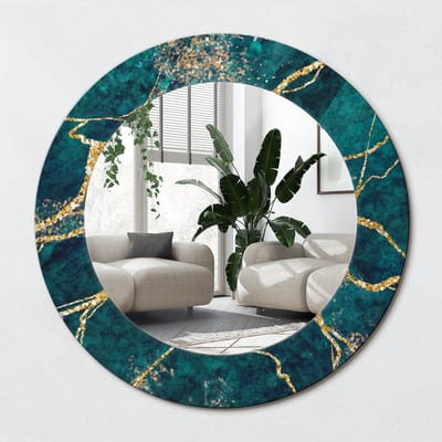 Wallfluent Bedrukte Ronde Spiegel - Ronde Spiegel Met Bedrukte Lijst Groen Marmer - 50 cm / 36 cm - Gouden - Gouden Ronde Spiegel Met Decoratie - Inloopkastspiegel - Badkamerspiegel - Toiletspiegel - Spiegel Met Haken