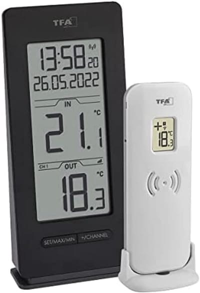 Weerstation Draasloos Binnen/Buiten - Draadloze Thermometer - Zwart - Binnen- en Buitentemperatuur - Inclusief Radioklok - Voor Thuisgebruik