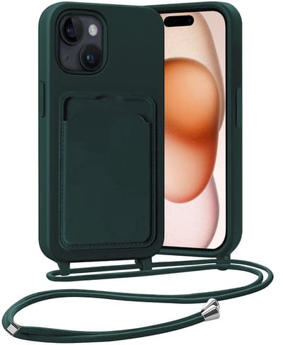 Hoesje Geschikt voor iPhone 15 Plus Hoesje Met Telefoonketting Pasjeshouder Case Koord - Hoesje Geschikt voor iPhone 15 Plus Hoes Met Kaarthouder - Donkergroen