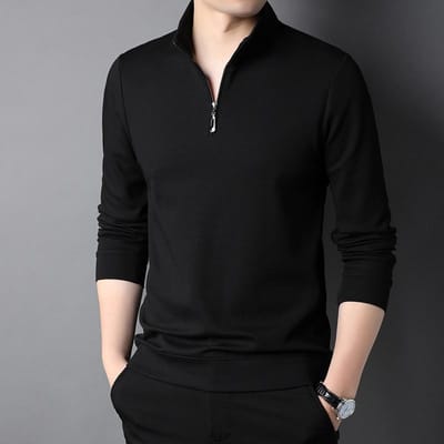 Heren Trui met Halve Rits Lente en Herfst Jeugd Effen Kleur Opstaande Kraag Pullover Lange Mouw T-shirt Losse Casual Top XXXL black