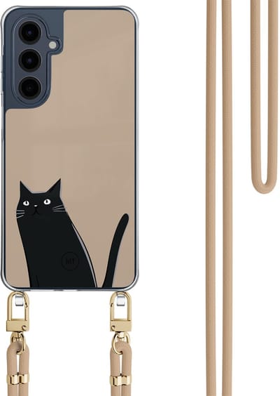 Hoesje met koord geschikt voor Samsung Galaxy A16 - Purrflectly - Inclusief Beige koord - Crossbody beschermhoes - Transparant, Zwart, Beige - Mooie Telefoonhoesjes