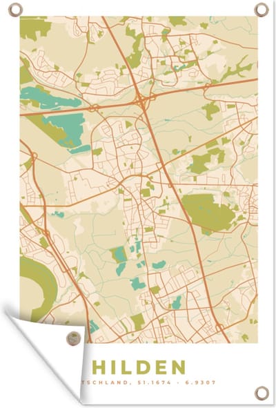 Muurdecoratie Hilden - Vintage - Kaart - Stadskaart - Plattegrond. - 120x180 cm - Tuinposter - Tuindoek