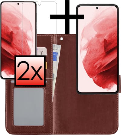 Hoesje - 2 in 1 - Geschikt voor Samsung Galaxy S21 Plus - Met 2x Screenprotector - En Uitneembare Hard Cover - Bookcase - Wallet Case - Met Pasjeshouder - Book Case - Uitneembaar - Pashouder - Kunstleer - Bruin