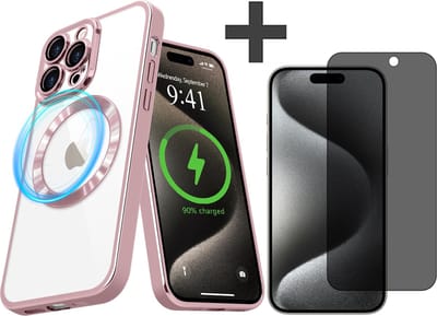 Hoesje met Privacy Screenprotector Geschikt voor iphone 15 Pro Max Hoesje - Geschikt voor MagSafe - Arara siliconen Backcover - Rosegoud