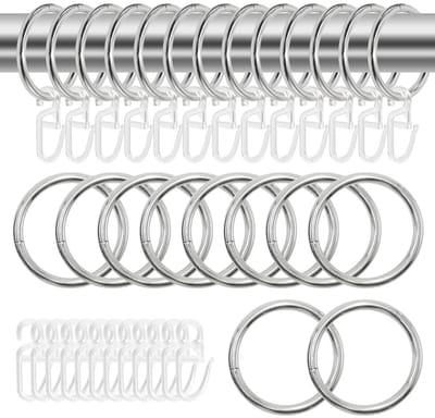 Gordijnringen, 50 stuks, hangende ringen, 50 stuks kunststof gordijnhaken voor ramen, deuren, douchegordijnen, gordijnroedes (30 mm binnendiameter, zilver)