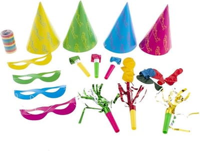 21 delig Party set kinderfeest hoedjes toeters - maskers - ballonnen 4 persoons.