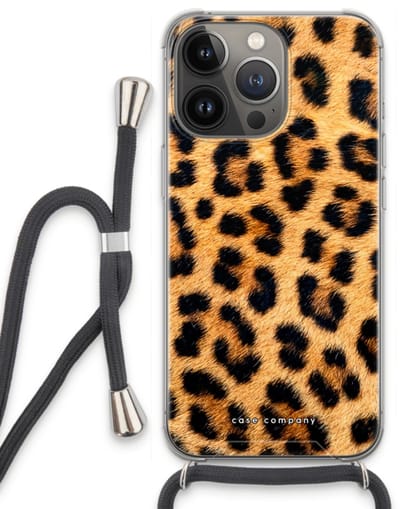 Case Company® - Hoesje met koord geschikt voor iPhone 13 Pro hoesje met Koord - Luipaard - Telefoonhoesje met Zwart Koord - Bescherming aan alle Kanten en Over de Schermrand