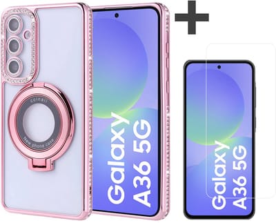 Hoesje met Ringhouder Geschikt voor Samsung Galaxy A36 met Diamant Glitters en Gehard Glas Screenprotector – Arara Backcover - Rosegoud