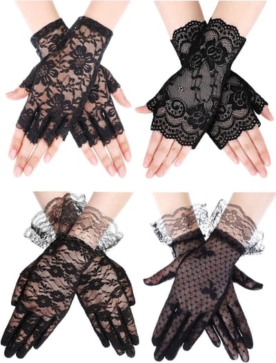Elegante Vingerloze Kanten Handschoenen voor Dames - Perfect voor Bruiloften, Feestjes en Halloween - Zwart, One Size, 4 Paar