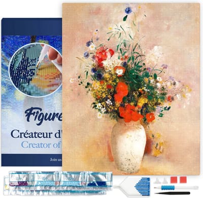 Figured'Art Diamond Painting set Volwassenen 40x50 cm met lijst Vaas met bloemen - Odilon Redon - 5D DIY Art full drill vierkante diamant - Canvas al ingelijst