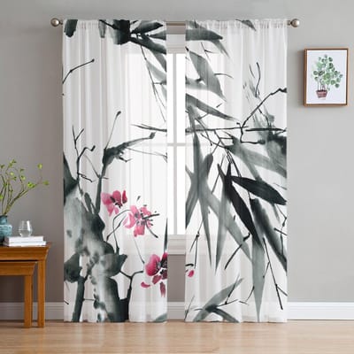 Bamboe Blad Bloemblad Bloeiende Transparante Gordijn Voor Slaapkamer Tule Voile Gordijn Voor Keuken Woonkamer Decor Raamdecoratie 135W x 114H(cm) white