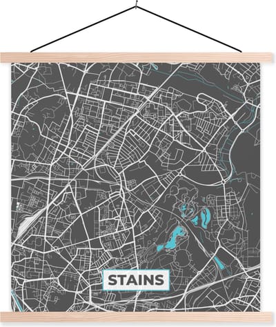 Posterhanger incl. Poster 40x40 cm - Schoolplaat - Stains - Plattegrond - Kaart - Stadskaart - Frankrijk - Textielposter - Blanke latten - Stadskaart