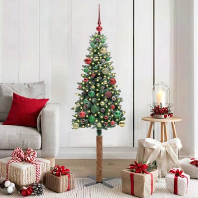 vidaXL - Slanke - Kerstboom - Groen - 150 - cm - PVC - en - massief - dennenhout