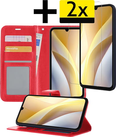 Hoesje - Met 2x Screenprotector - Geschikt voor Samsung Galaxy A15 - Luxe Pasjeshouder - Bookcase Portemonee - Flip Case - Kunstleer Book Case - Flipcase Hoes - Book Cover - Walletcase - Portemonneehoes - Telefoonhoesjes - Rood