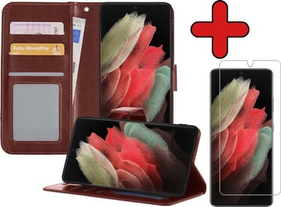 Hoesje - Met Screenprotector - Geschikt voor Samsung Galaxy S21 Ultra - Luxe Pasjeshouder - Flipcase - Bookcase Portemonee - Flip Case - Kunstleer Book Case - Book Cover - Walletcase - Portemonneehoes - Telefoonhoes - Bruin