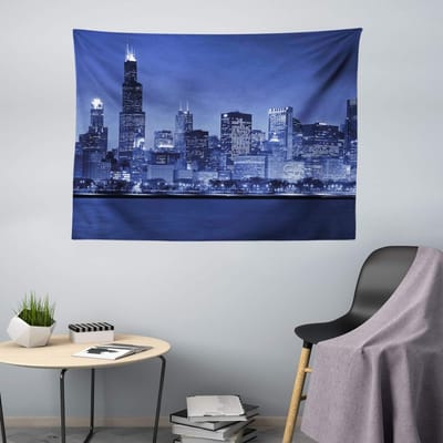 ABAKUHAUS USA Wandtapijt, Chicago Skyline Night, Woonkamer Slaapkamer Wanddoek Zijdezacht Satijn Wandtapijt, 200 x 150 cm, Paars