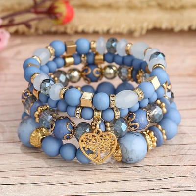 4-delige Levensboom Hart Armband Set Voor Vrouwen Acryl Glas Kralen Ketting Elastische Armband Vrouwelijke Mode Feest Sieraden gray